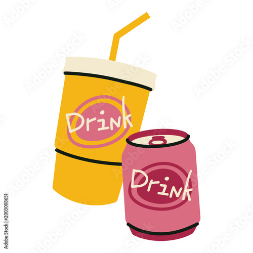 Refreshing drink combo including soda cup with straw and beverage can. Modern flat vector icons for cafe drink menus, fast food advertisements, and refreshment brand designs.