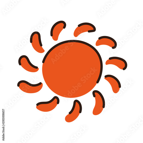 Vibrant hand drawn sun icon with curved rays in deep orange. Minimalist doodle sun symbol for summer posters, weather forecasts, and creative flat design vector elements.