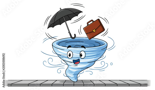 Cute Cartoon Tornado Character with Umbrella and Briefcase, Funny Weather Mascot, Isolated Transparent Background PNG EPS