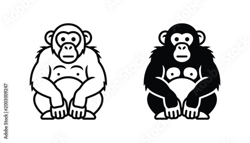 Chimpanzee or monkey face silhouette icon set featuring expressive line art and solid black vector graphic designs for primate research and wildlife education