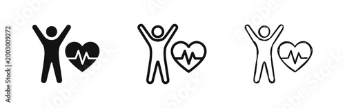 Healthy Lifestyle and Heart Health Icon Set - Person with Heartbeat Symbol in Different Styles