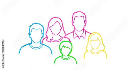 Colorful line art illustration of a diverse group of people