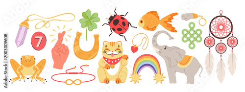 Assorted lucky symbols including horseshoe, clover, maneki neko, elephant, dreamcatcher, rainbow, and more, representing good fortune and positive energy, isolated on white background vector