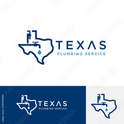 Texas Plumbing Service Logo design vector With Faucet, Pipe and State Map Icon for Company Branding