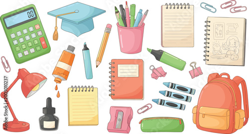 Colorful School Supplies Cartoon Vector Set with Calculator, Graduation Cap, Backpack, Notebook, Desk Lamp, and Stationery Items for Education and Study Design.