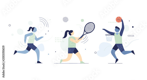 People playing tennis and running on court with rackets