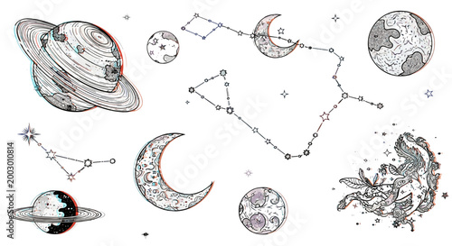 Collection of celestial objects and astronomical symbols