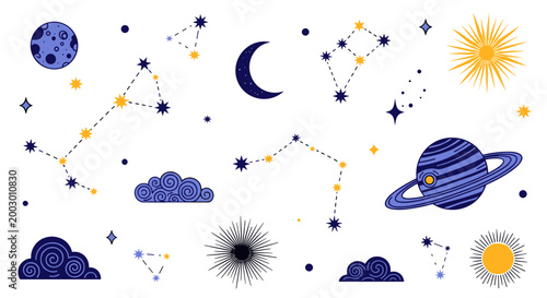 Collection of celestial objects and night sky illustrations