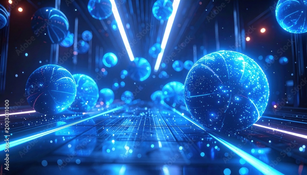Obraz premium Futuristic Blue Glowing Spheres and Neon Lights.