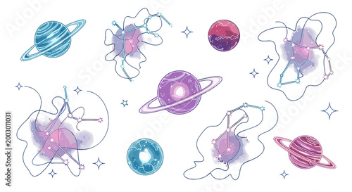 Collection of colorful illustrations of atomic models