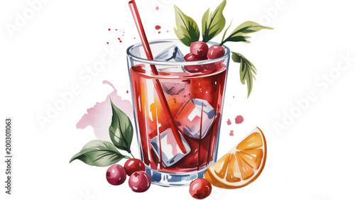 Colorful fruity cocktail with fresh berries and citrus in a glass Vector