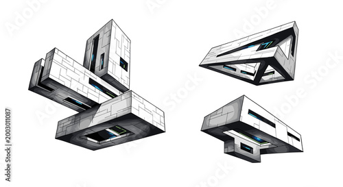 Futuristic concrete building structures with modern design