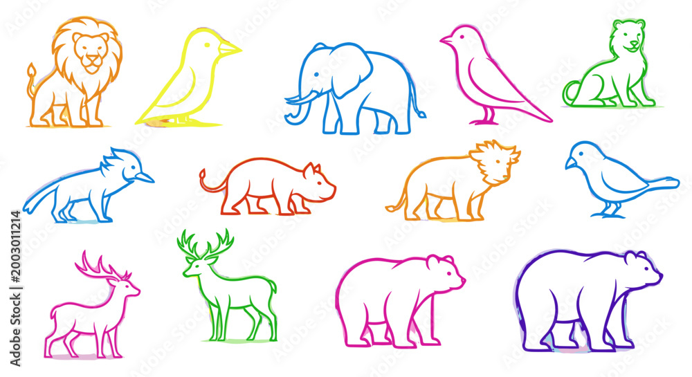 Obraz premium Collection of colorful line art animals