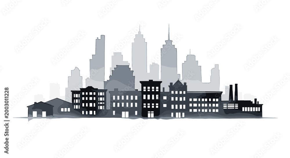 Obraz premium Silhouette of city skyline with skyscrapers and buildings