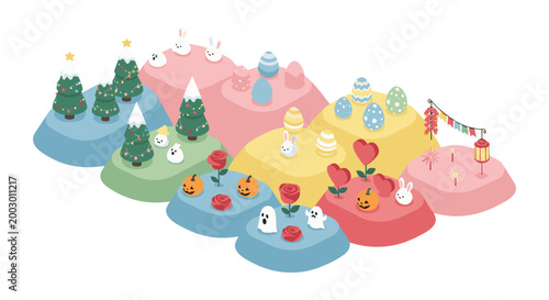 Colorful plush toy animals on pastel platforms display