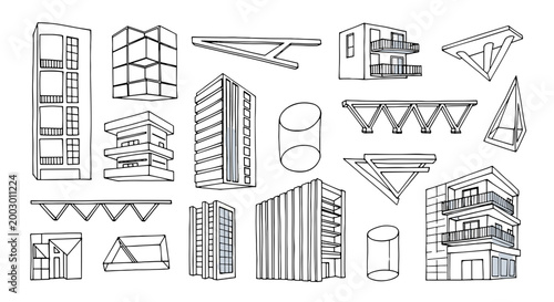 Collection of modern architectural building sketches