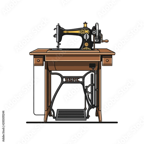 Antique sewing machine with wooden table and foot pedal