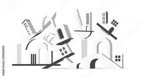 Illustration of collapsing buildings in urban environment
