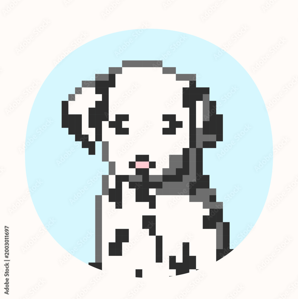 Fototapeta premium Cute Dalmatian puppy sitting in puddle, pixel art style, black and white spotted dog illustration