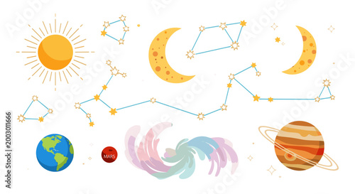 Colorful celestial constellation and planetary illustration