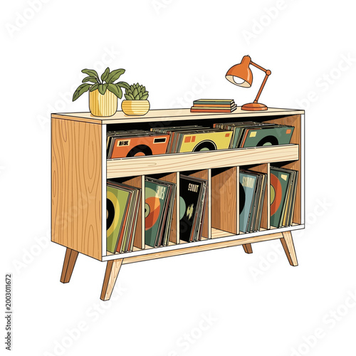 Vintage record cabinet with vinyl collection, plants, and lamp