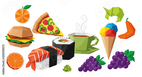 Collection of fast food items including sushi and pizza