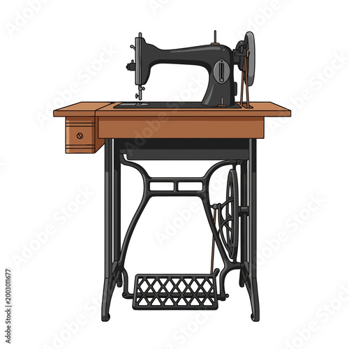 Vintage Sewing Machine on Wooden Table with Ornate Metal Base