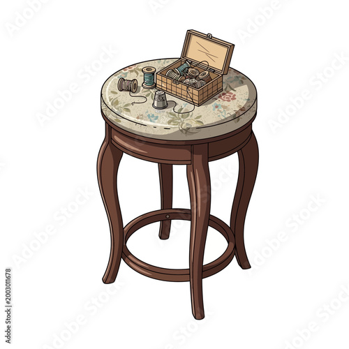 Vintage sewing stool with thread spools and notions box