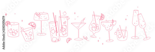 Set of summer cocktail glasses, various drinks, wine glasses, martini, lemonade, champagne, and refreshing beverages in line art for bar menus, party invitations, cards, and celebration designs Vector