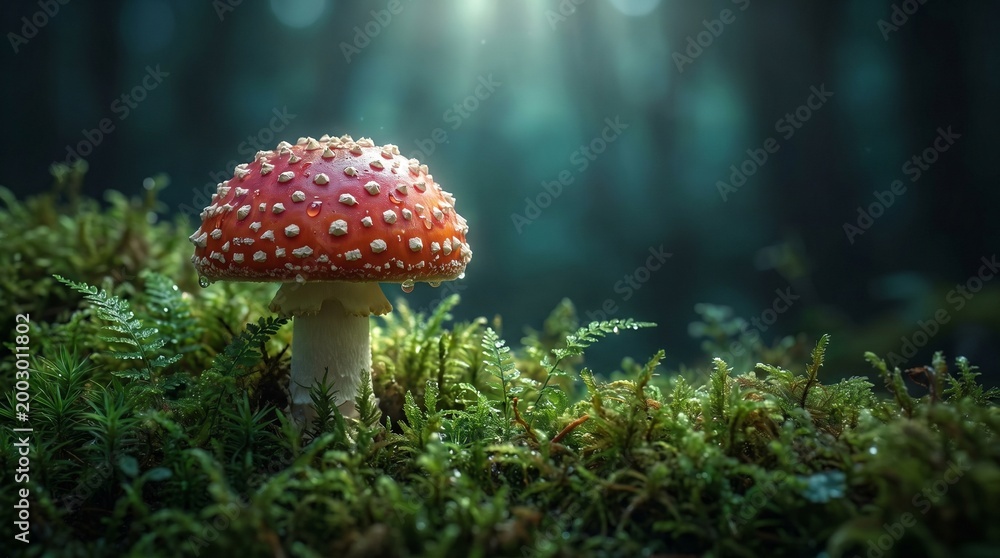 Fototapeta premium Magical Red Mushroom with White Spots in Green Moss