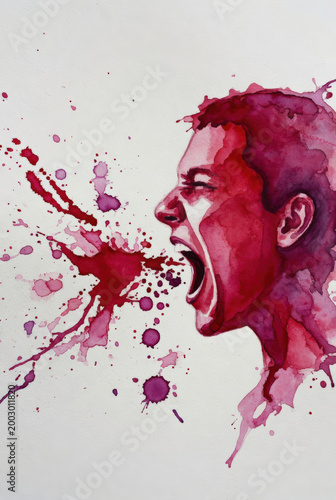 Urlo di rabbia: ritratto ad acquerello di uomo che grida con schizzi rossi