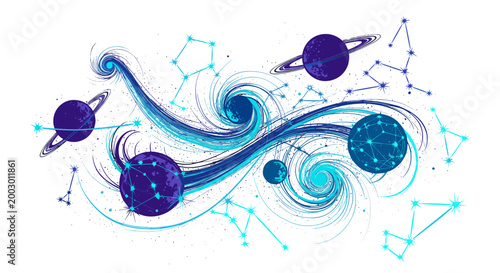 Abstract cosmic space scene with planets and stars