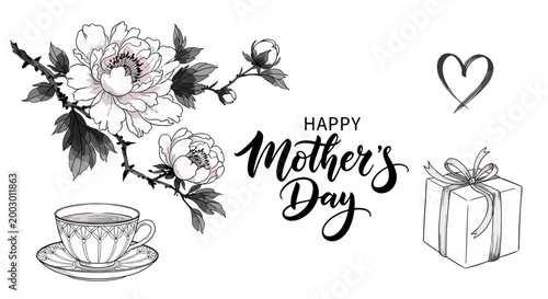 Elegant floral illustration with gift and tea for mothers day