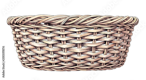 Woven wicker basket with rounded shape and sturdy handle