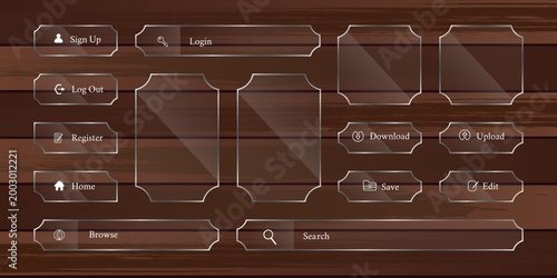 Advanced UI Dashboard Elements with Neon Glass Effect on Wood Texture
