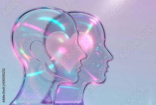 Concetto di intelligenza emotiva con profili trasparenti e cuore luminoso
