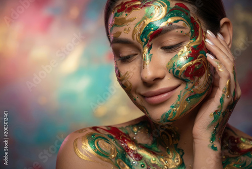Ritratto di donna con body paint artistico in oro, verde e rosso