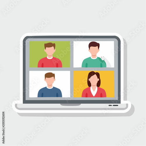 Video Conference Call with Four Participants on Laptop Screen