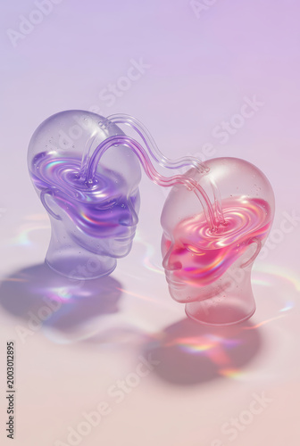 Connessione mentale astratta e scambio di energia tra teste di vetro 3D