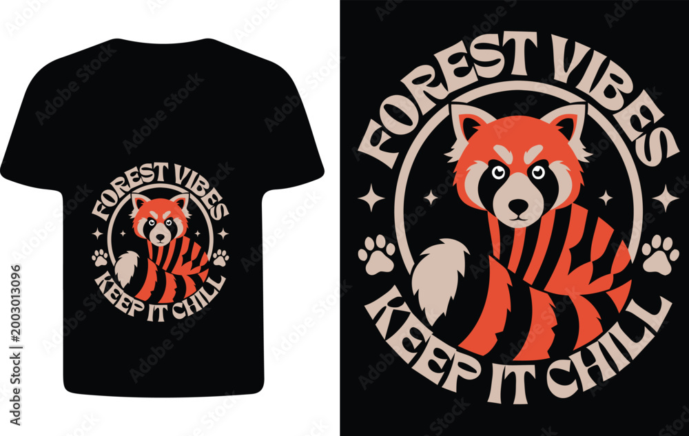 Fototapeta premium Red panda graphic t shirt design with forest vibes text