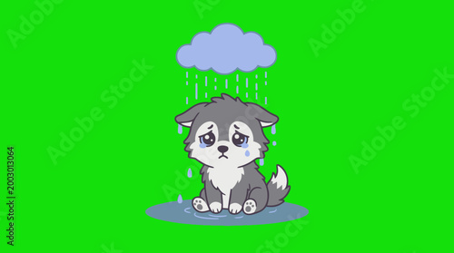 Sad puppy sitting in the rain under a cartoon cloud with tears.