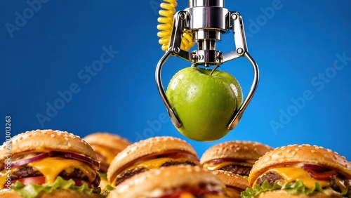 Robotic metal claw selects fresh green apple over rows of delicious burgers representing healthy food choices and future nutrition technology
