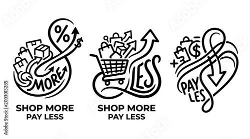 Shop More Pay Less - Set of Three Black and White Illustrations.