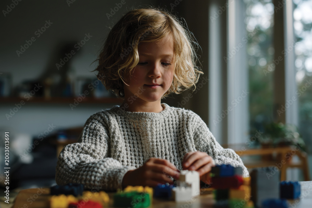 Fototapeta premium A young child is focused on building creatively with colorful blocks, showcasing imagination and concentration in a bright indoor space filled with natural light.