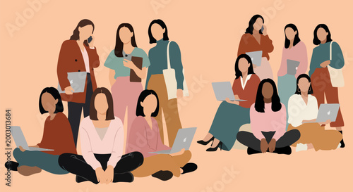 Flat vector illustration of diverse business women working together, professional female team with laptops and tablets, modern office community concept