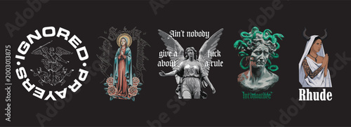 Bild auf Leinwand Angel and Demon Combat Vector Illustration, Biblical Warfare Streetwear Design, Archangel Michael Defeating Devils, Circular Religious Graphic for T-Shirt, Vintage Gothic Apparel Art, Vector EPS