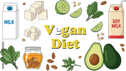 Vegan Diet Vector Illustration with Tofu, Avocado, Soy Milk, Fresh Vegetables, Nuts, Lime, Plant-Based Nutrition, Healthy Lifestyle, and Organic Food Concept Design