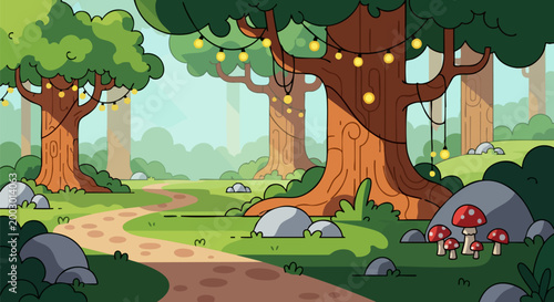 Enchanted forest landscape vector, magical woodland scene with glowing string lights on trees, fairytale garden path with red mushrooms and rocks