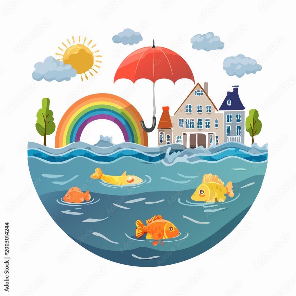 Obraz premium Flooded Town with Fish and Rainbow Under Umbrella