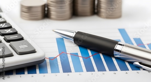 Business finance concept with calculator pen coins and graph on paper